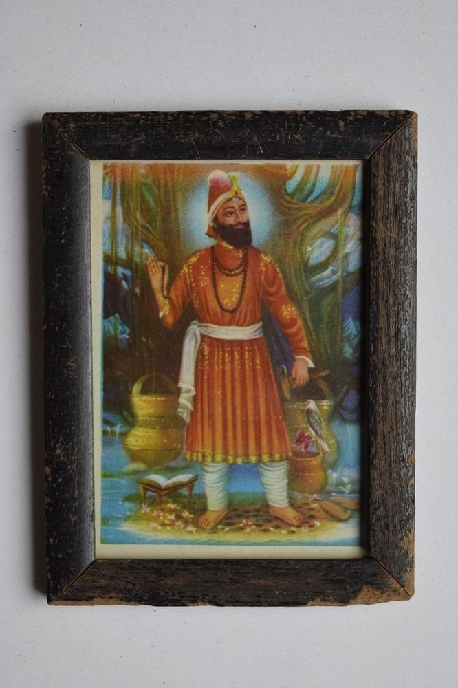 Sikh Guru Govind Singhji Old Religious Print in Old Wooden Frame India Art #3142