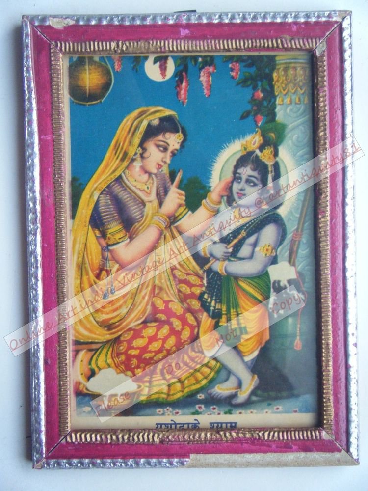 Hindu God Krishna Nice Old Religious Print in Old Wooden Frame India Art #2447