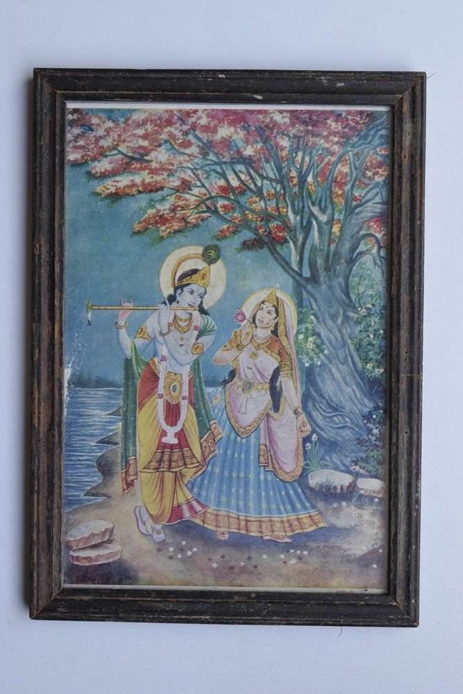 Krishna Collectible Rare Old Art Print in Old Wooden Frame from India #3310