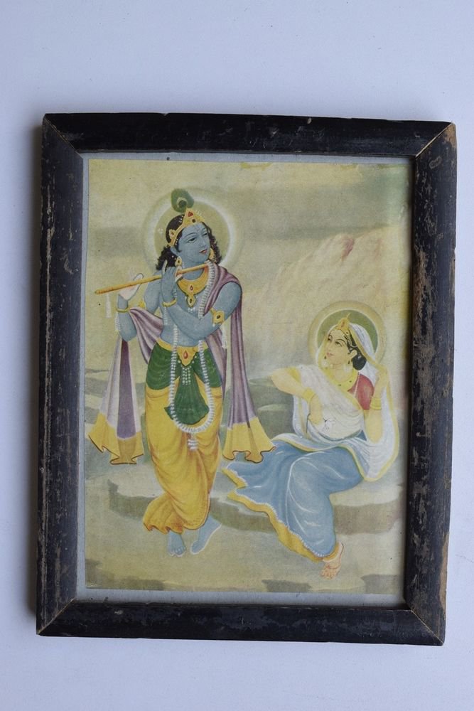 Krishna Collectible Rare Old Art Print in Old Wooden Frame from India #3311