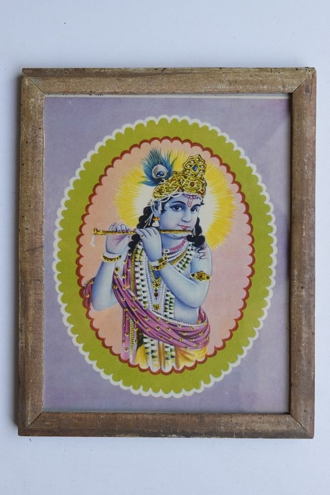Krishna Collectible Rare Old Art Print in Old Wooden Frame from India #3305