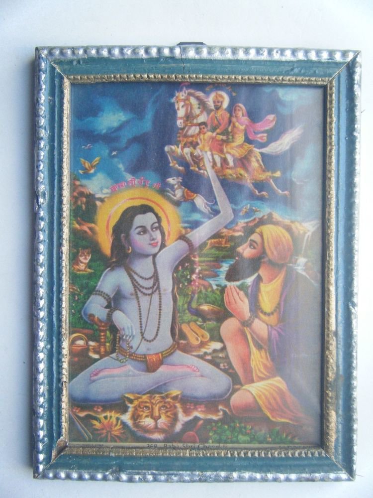 Hindu God Chandbaba Old Religious Print in Old Wooden Frame India Art #2814
