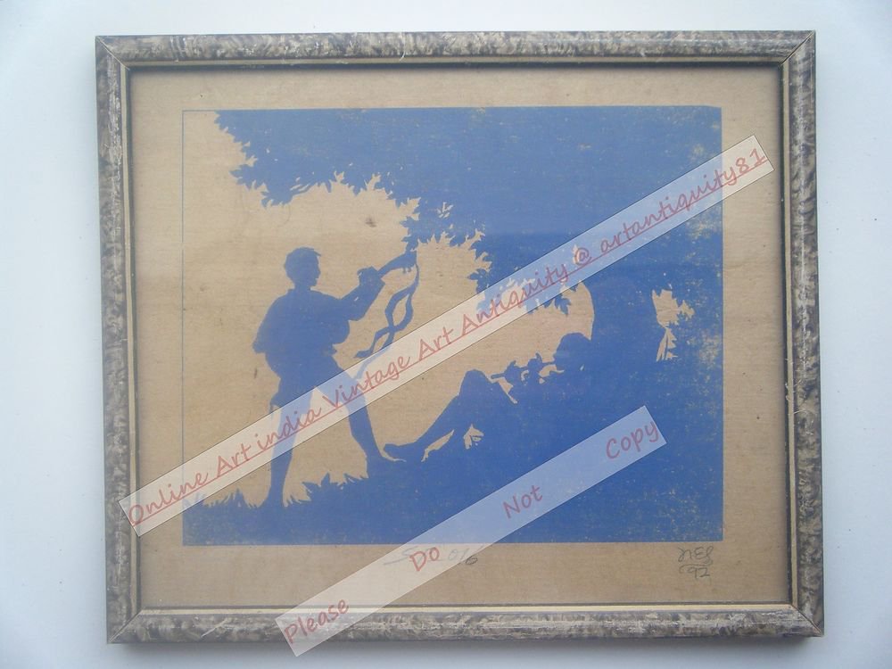 Boy Beautiful Signed Art Print in Old Handmade Wooden Frame India #2366