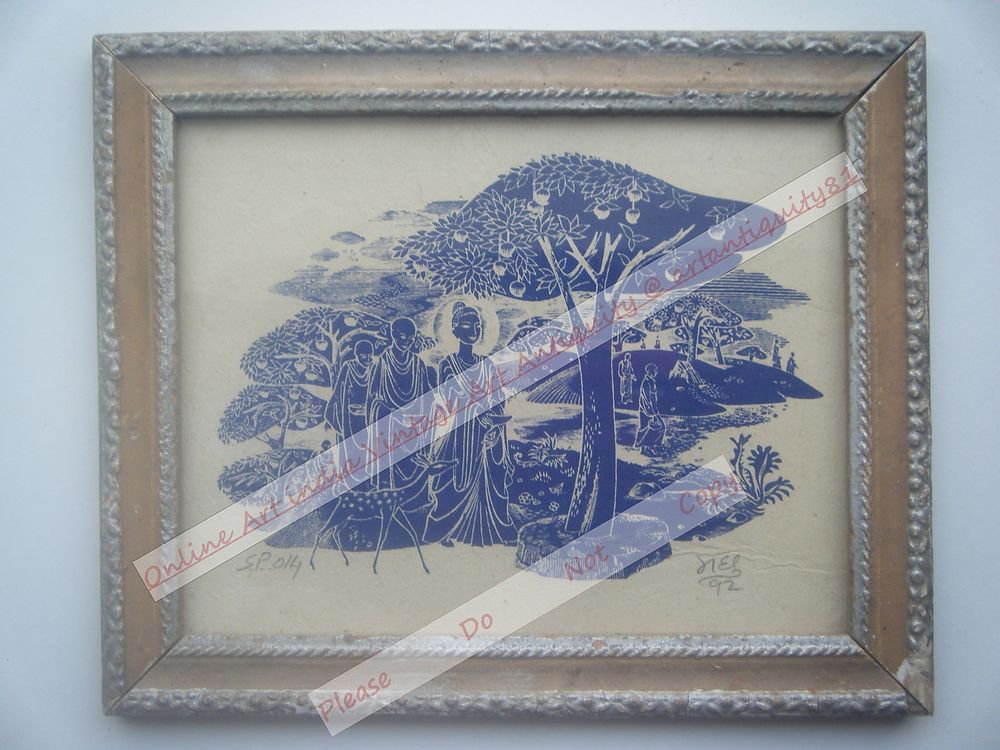 Buddha Beautiful Signed Art Print in Old Handmade Wooden Frame India #2363
