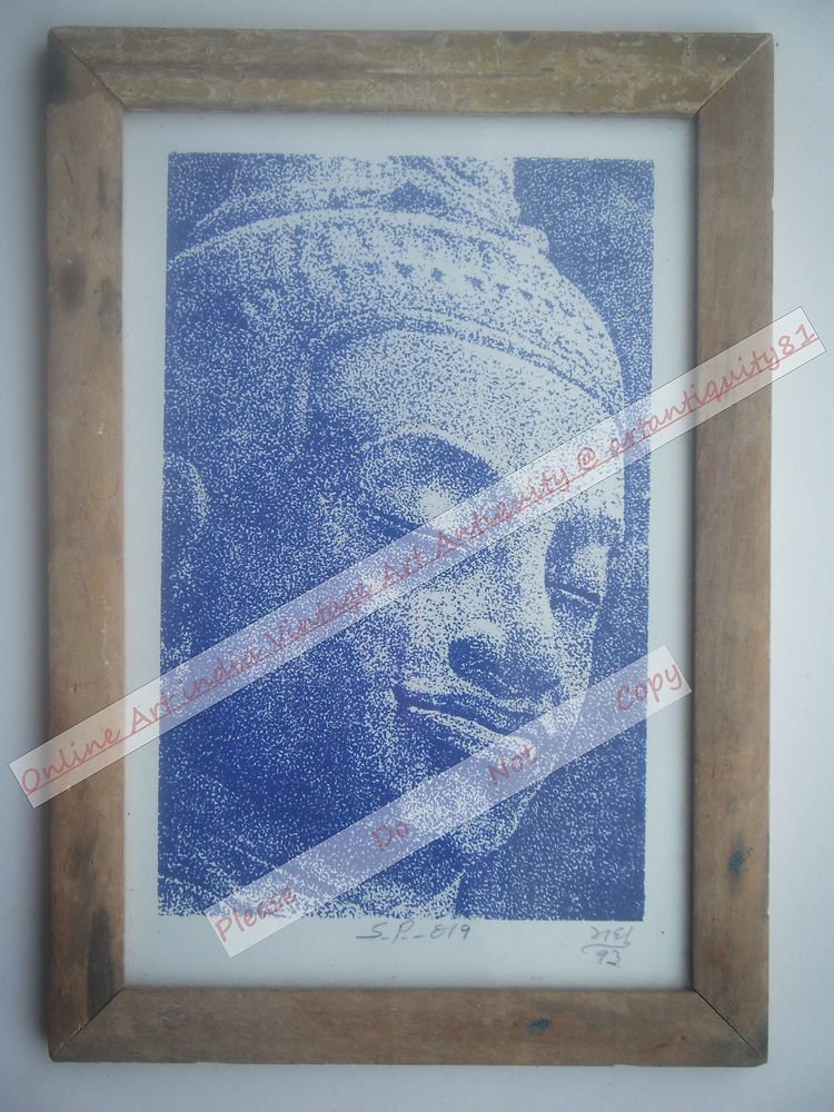 Buddha Beautiful Signed Art Print in Old Handmade Wooden Frame India #2364