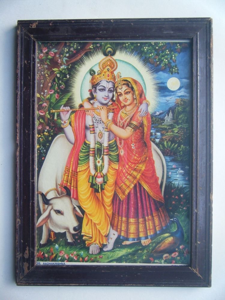 Hindu God Krishna Rare Old Religious Print in Old Wooden Frame India Art #2771