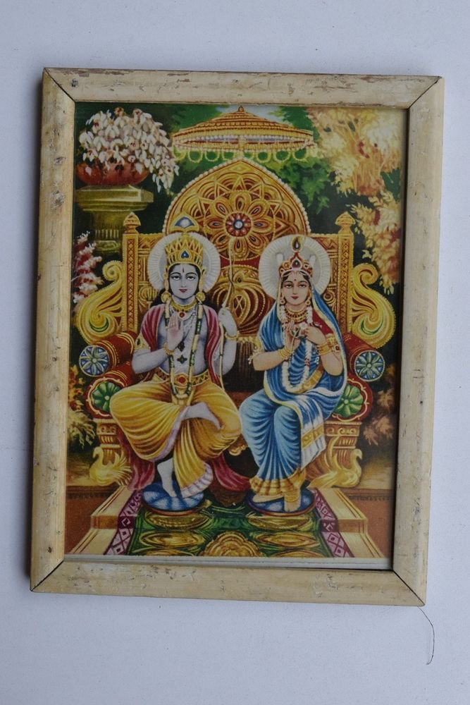 God Rama Sita Mata Rare Old Religious Print in Old Wooden Frame India Art #3244