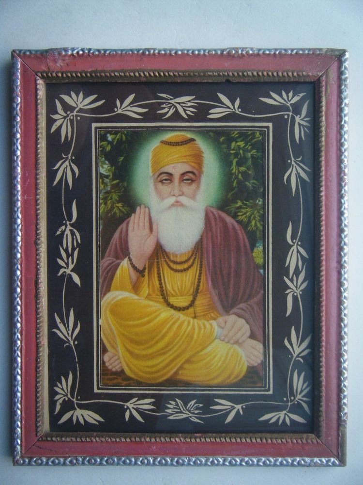 Sikh Guru Nanak Dev Ji Old Religious Print in Old Wooden Frame India Art #2800