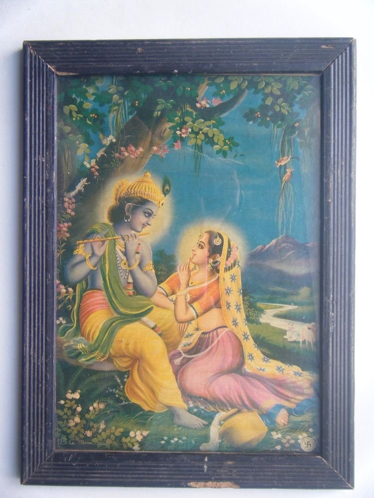 Hindu God Krishna Rare Old Religious Print in Old Wooden Frame India Art #2774