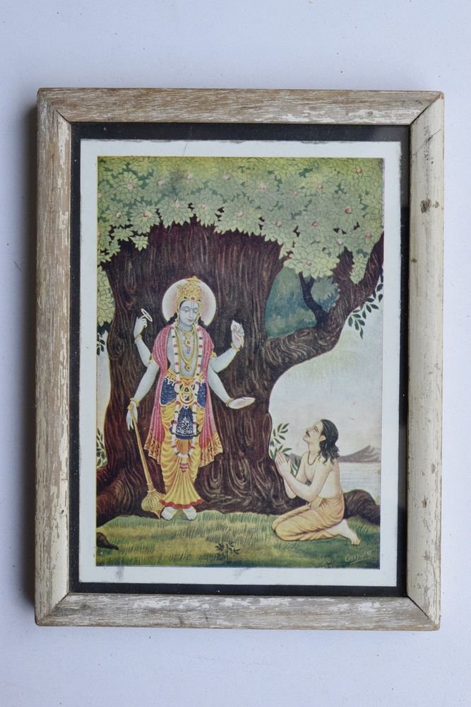Vishnu Collectible Rare Old Religious Art Print in Old Wooden Frame India #3323