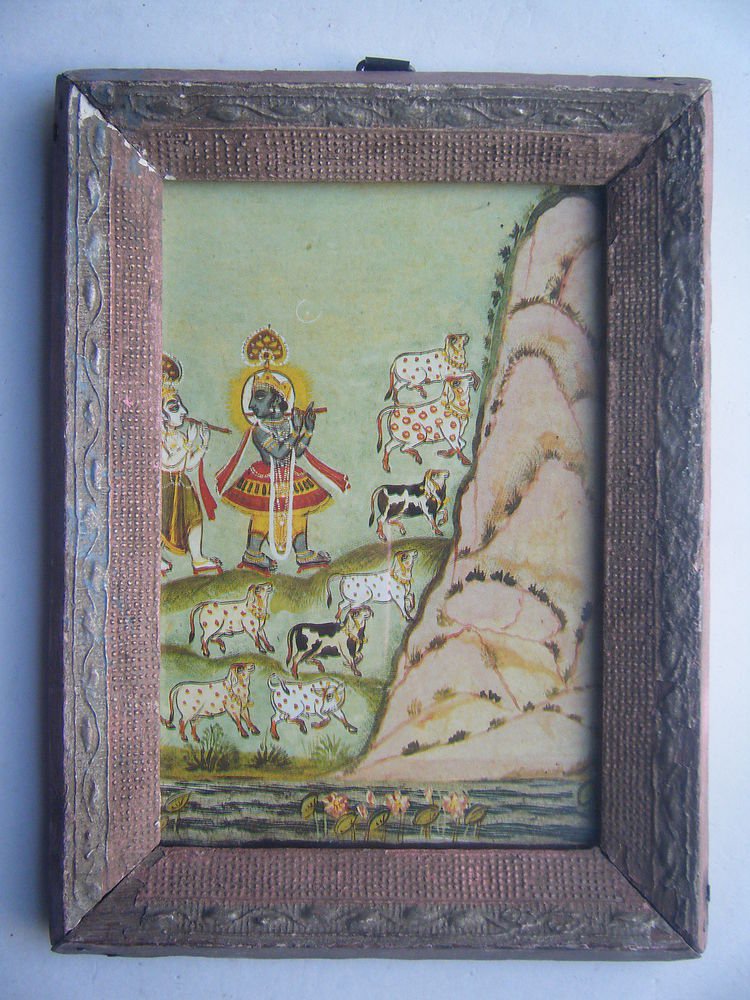Hindu God Krishna Old Religious Print in Old Wooden Frame India Art #2823