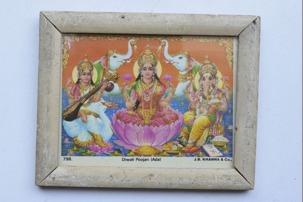 Goddess Laxmi Collectible Rare Old Religious Art Print in Old Wooden Frame #3346