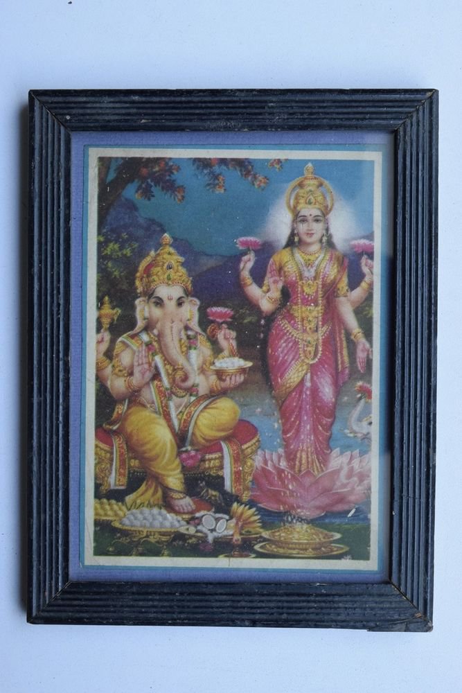 Goddess Laxmi Collectible Rare Old Religious Art Print in Old Wooden Frame #3348