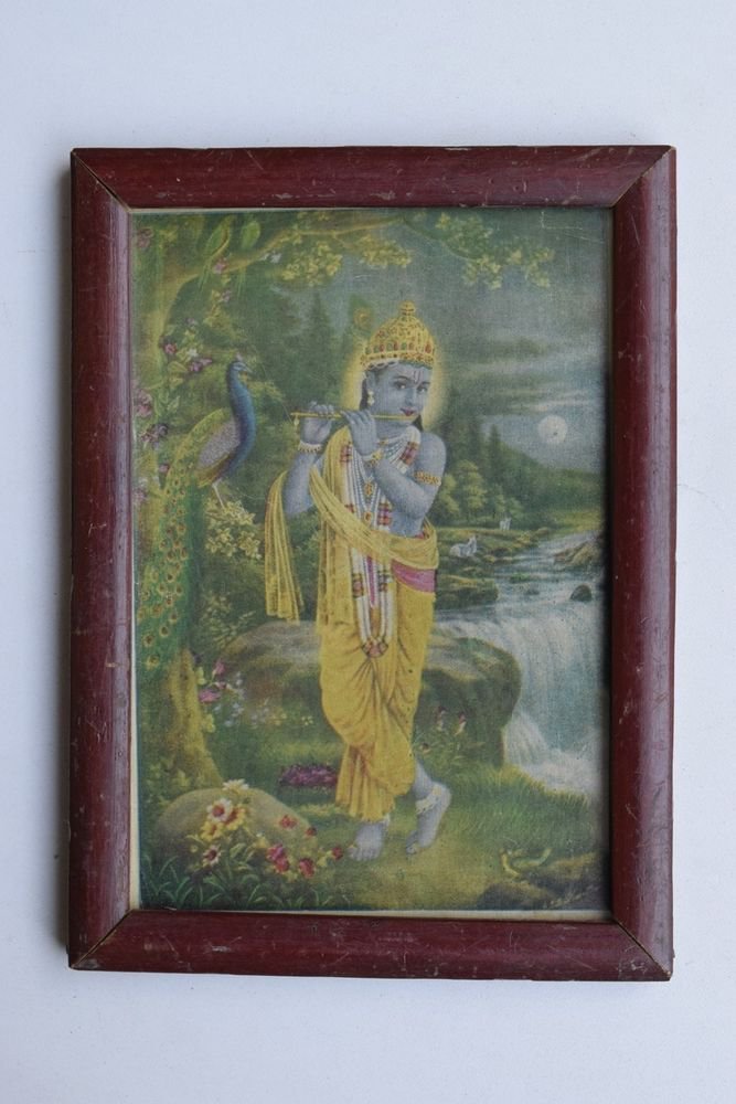 Krishna Collectible Rare Old Art Print in Old Wooden Frame from India #3301