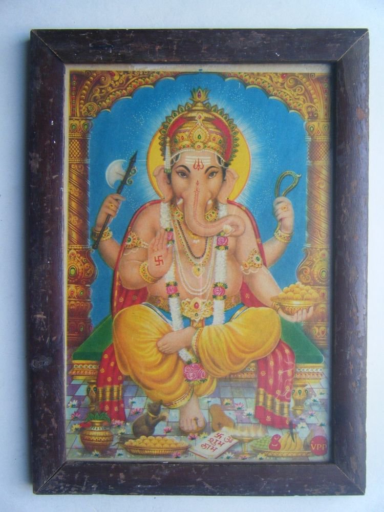 Hindu God Ganesha Old Religious Print in Old Wooden Frame India Art #2865