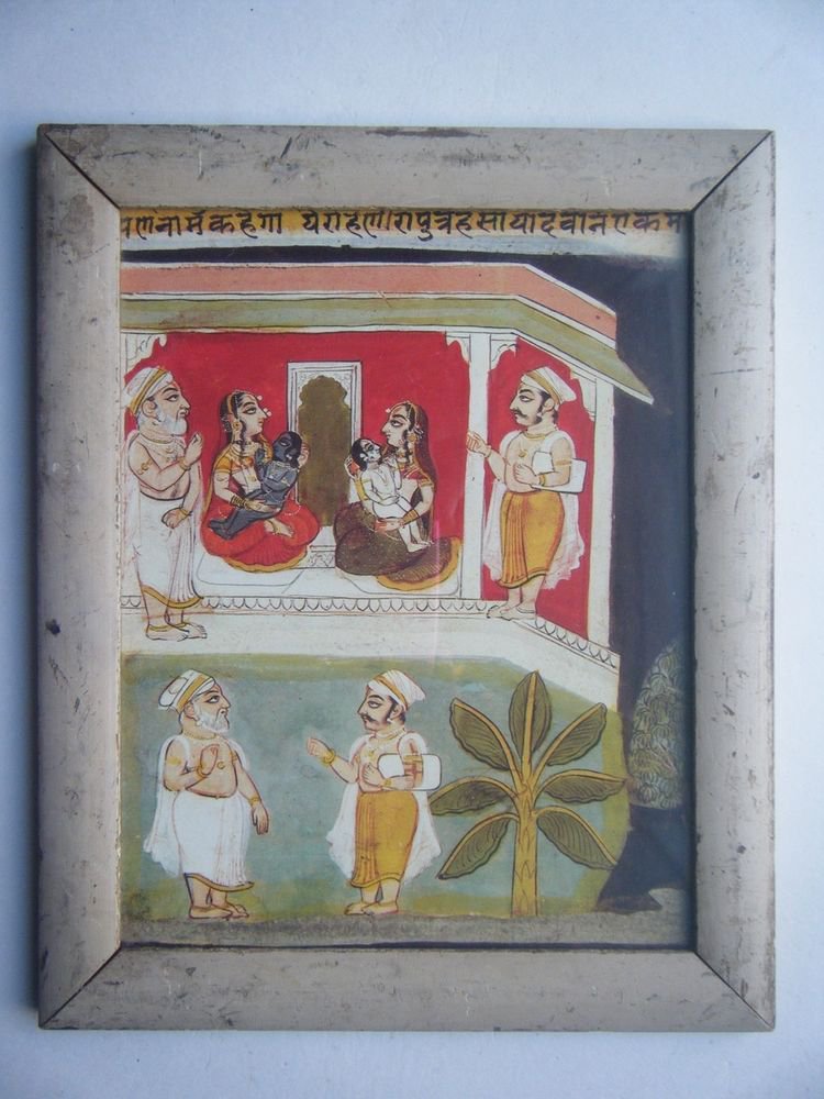 Hindu God Krishna Balram Old Religious Print in Old Wooden Frame India Art #2824