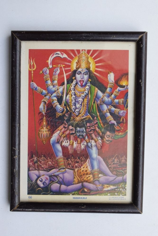 Goddess Kali Collectible Rare Old Religious Art Print in Old Wooden Frame #3341