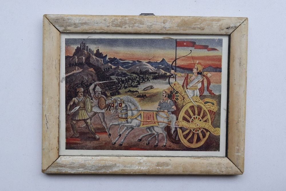 War Mahabharat Rare Old Religious Print in Old Wooden Frame India Art #3261