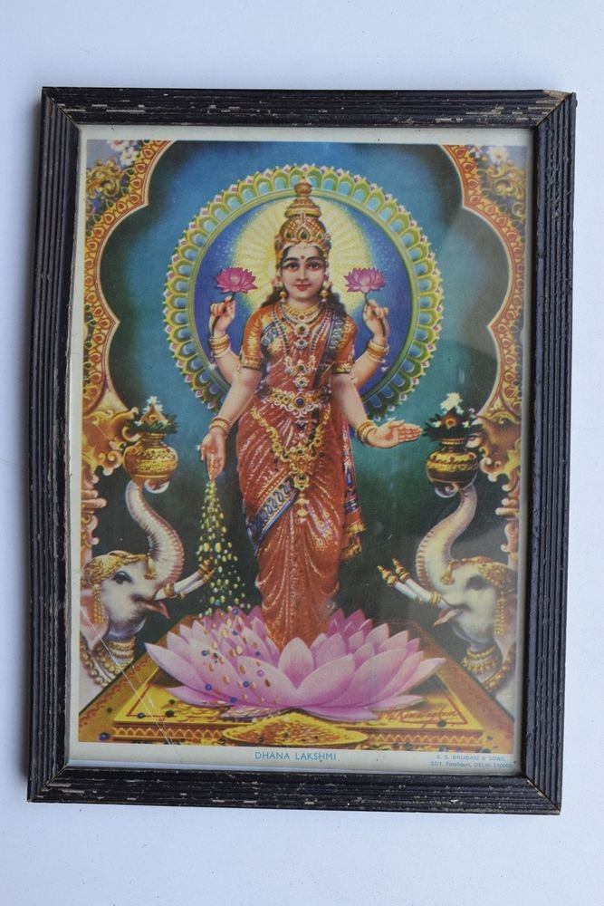 Wealth Goddess Laxmi Rare Old Religious Art Print in Old Wooden Frame #3351