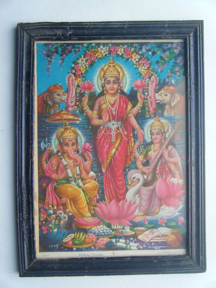 Goddess Laxmi Old Religious Print in Old Wooden Frame India Art #2863