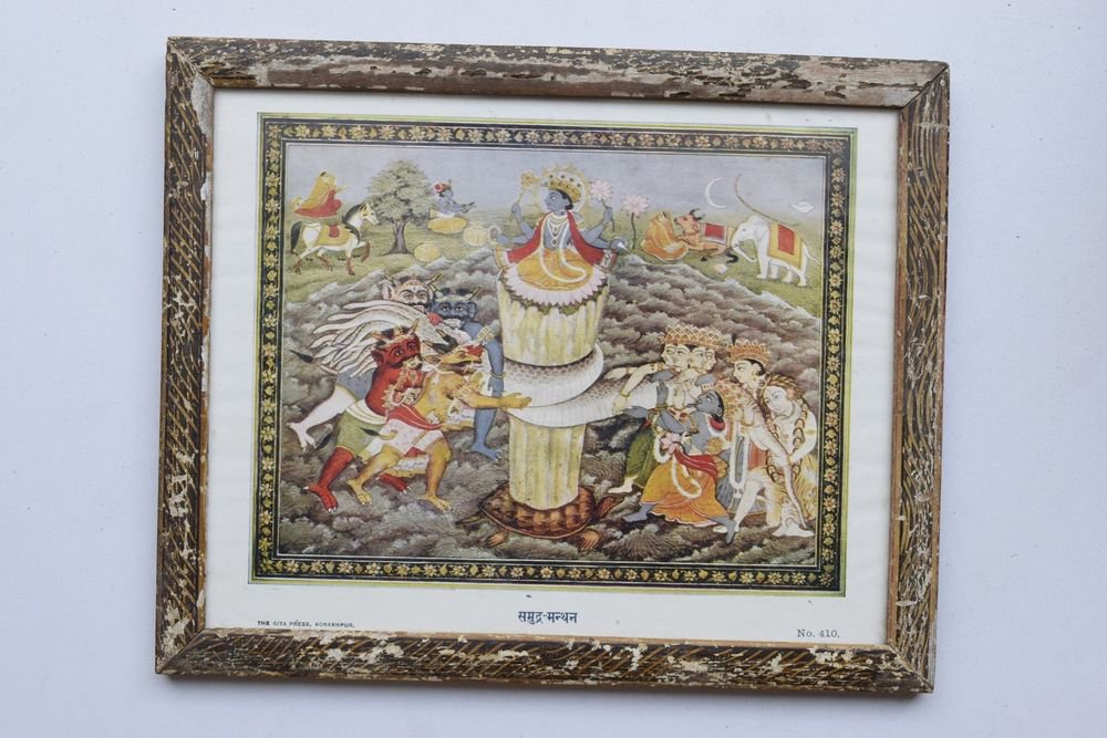 Churning of Ocean Vishnu Rare Old Religious Art Print in Old Wooden Frame #3322
