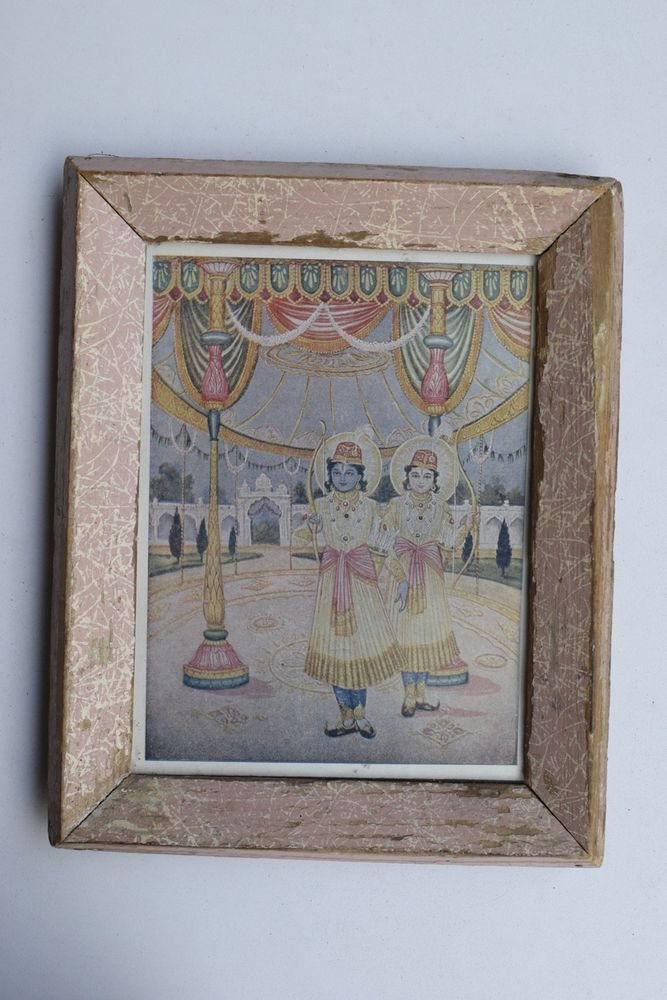 God Rama Laxman Rare Old Religious Print in Old Wooden Frame India Art #3254