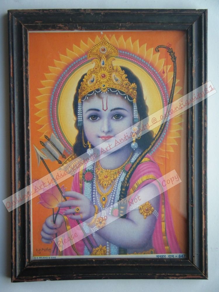 Hindu God Krishna Nice Old Religious Print in Old Wooden Frame India Art #2423