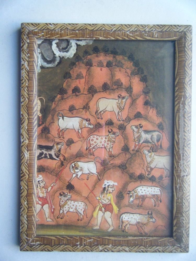 Hindu God Krishna Cows Old Religious Print in Old Wooden Frame India Art #2821