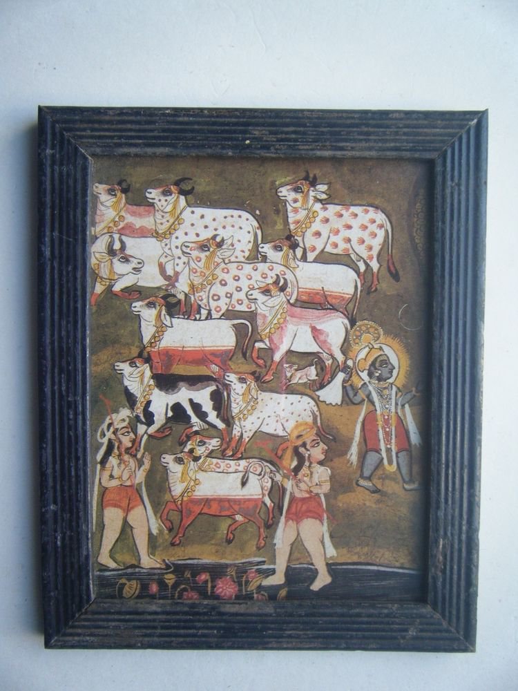Hindu God Krishna Nice Old Religious Print in Old Wooden Frame India Art #2820