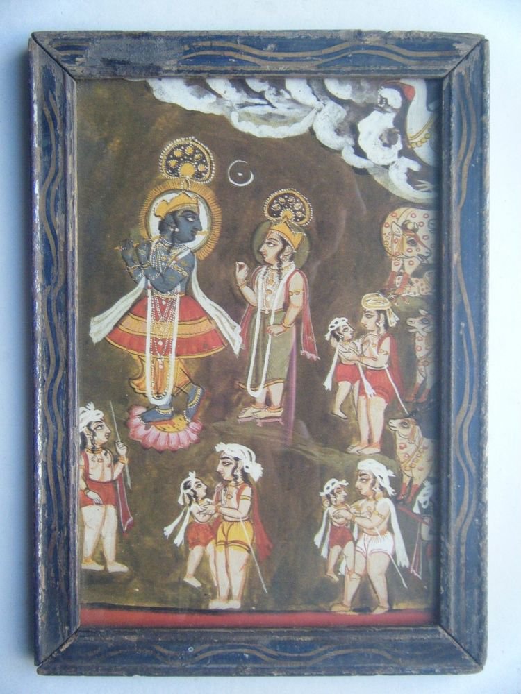Hindu God Krishna Old Religious Print in Old Wooden Frame India Art #2822