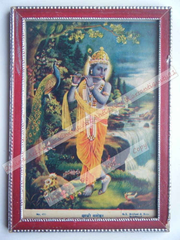 Hindu God Krishna Nice Old Religious Print in Old Wooden Frame India Art #2459