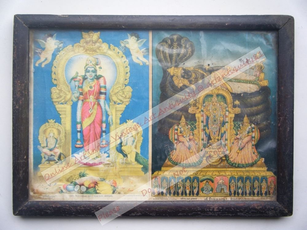 Goddess Meenakshi Rare Old Religious Print in Old Wooden Frame India Art #2536