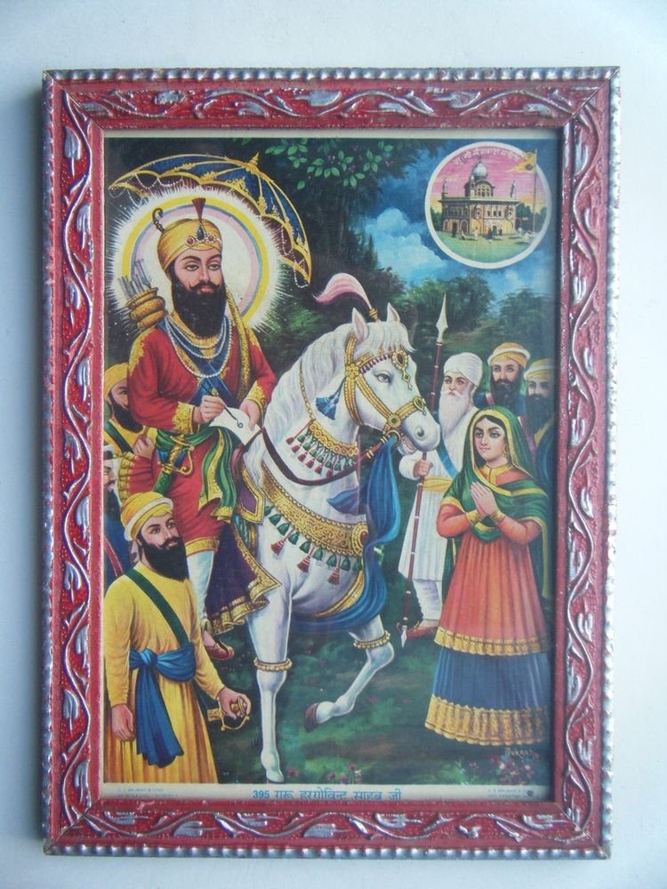Sikh Guru Govind Singhji Old Religious Print in Old Wooden Frame India Art #2799