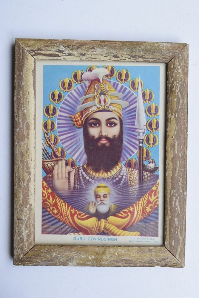 Sikh Guru Govind Singhji Old Religious Print in Old Wooden Frame India Art #3217