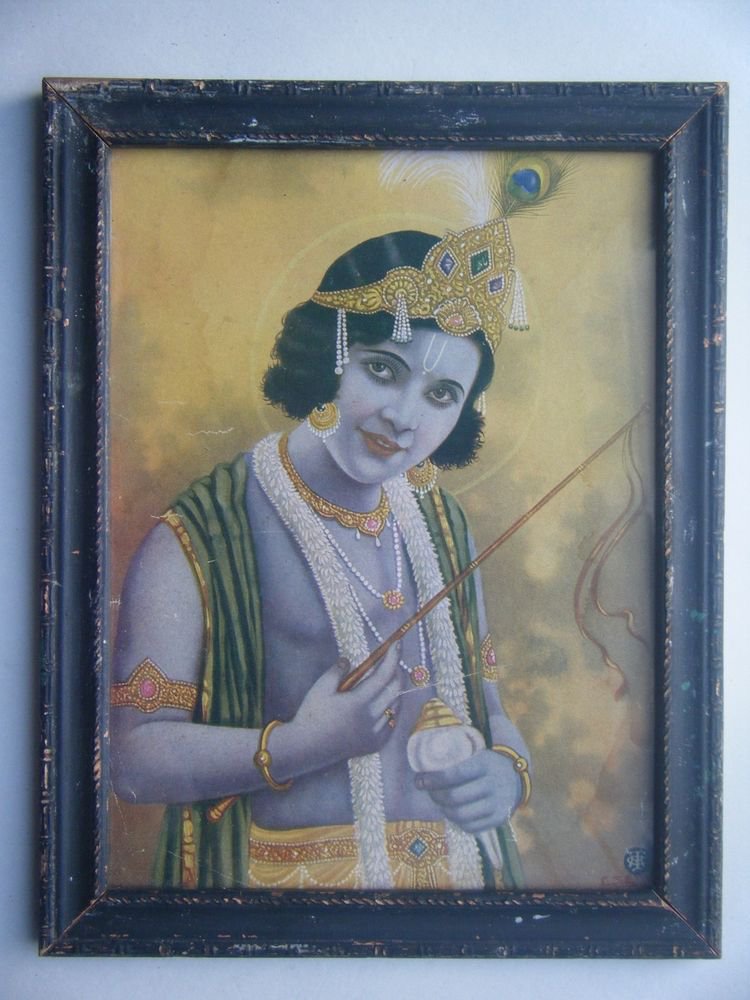 Hindu God Krishna Rare Old Religious Print in Old Wooden Frame India Art #2767