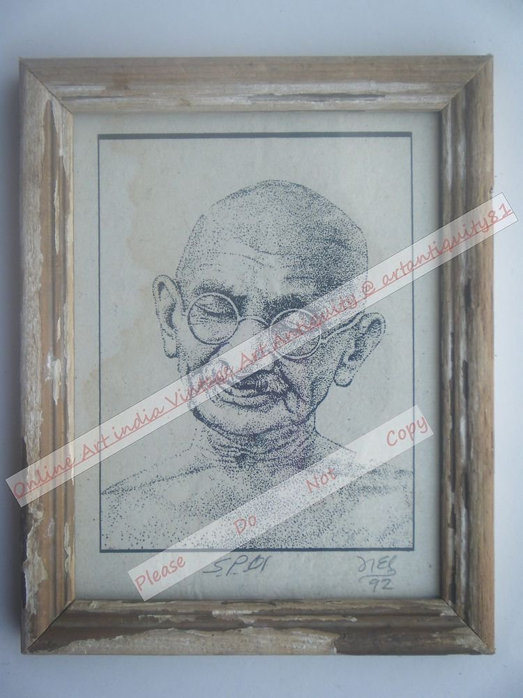 Beautiful Signed Art Print of Gandhi Ji in Old Handmade Wooden Frame India #2385
