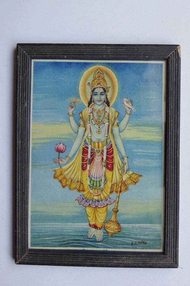 Vishnu Collectible Rare Old Religious Art Print in Old Wooden Frame #3314