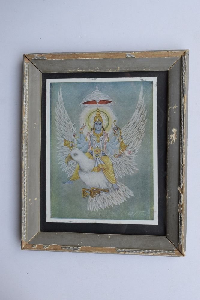 Vishnu Collectible Rare Old Religious Art Print in Old Wooden Frame #3315