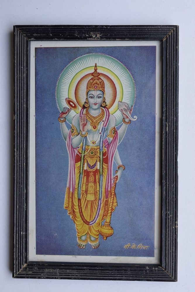 Vishnu Collectible Rare Old Religious Art Print in Old Wooden Frame #3316
