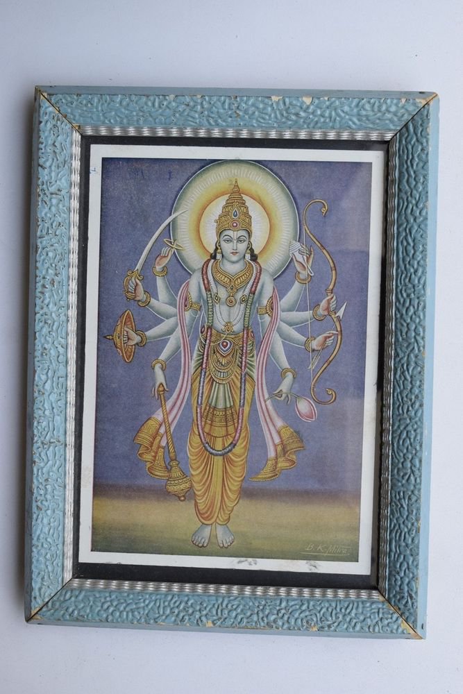 Vishnu Collectible Rare Old Religious Art Print in Old Wooden Frame #3317