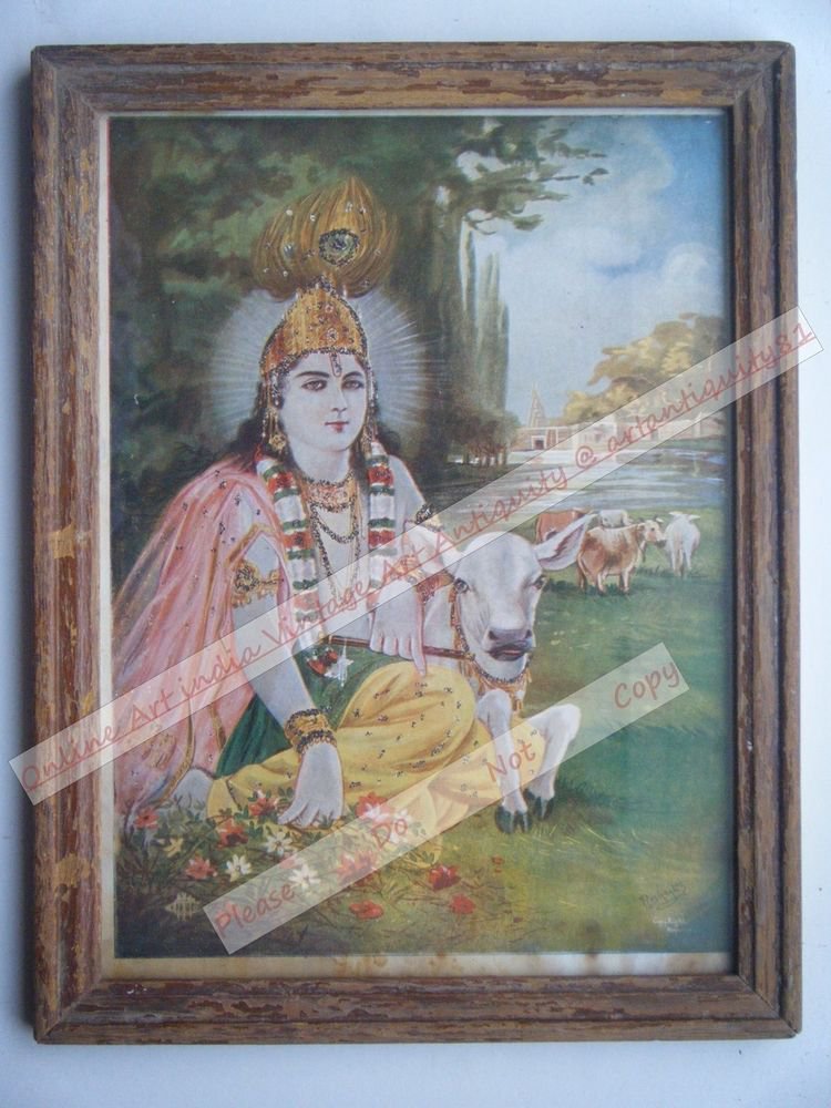 Hindu God Krishna Nice Old Religious Print in Old Wooden Frame India Art #2453