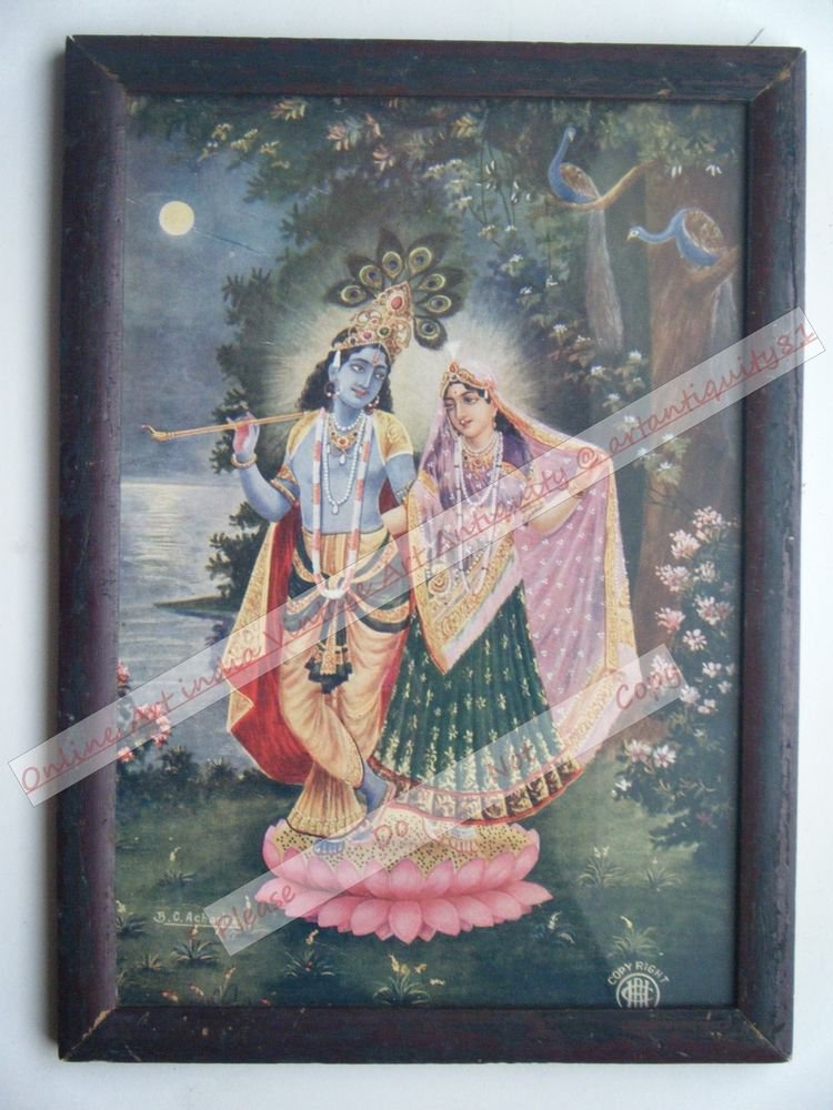 Hindu God Krishna Nice Old Religious Print in Old Wooden Frame India Art #2461