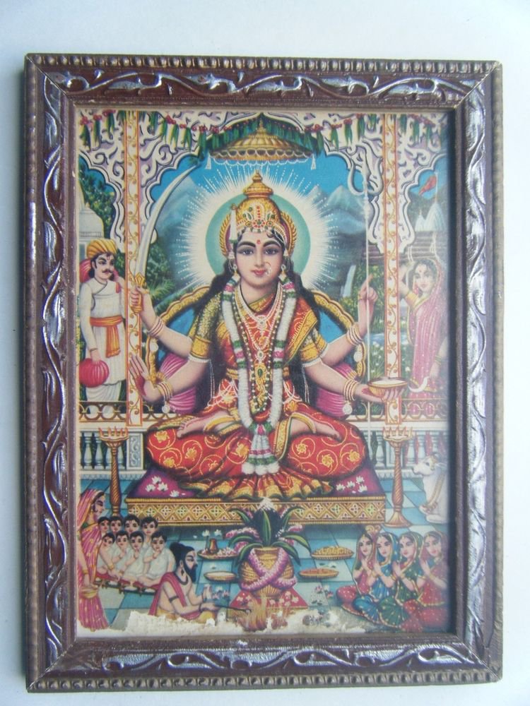 Goddess Santoshi Mata Old Religious Print in Old Wooden Frame India Art #2856