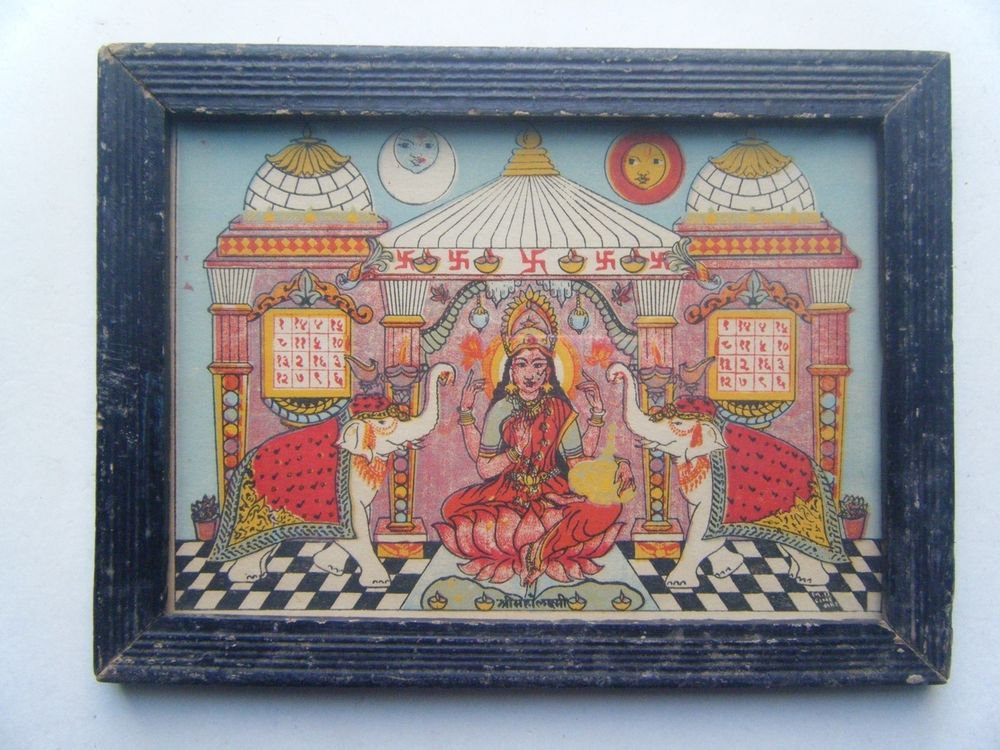 Goddess Laxmi Old Religious Litho Print in Old Wooden Frame India Art #2862