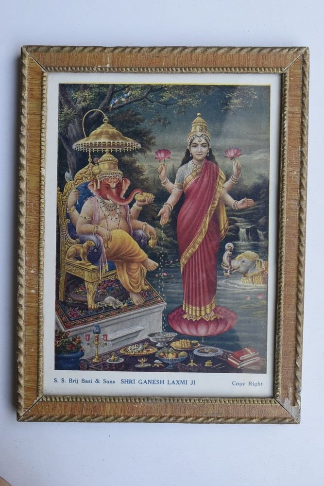 Goddess Laxmi Collectible Rare Old Religious Art Print in Old Wooden Frame #3347
