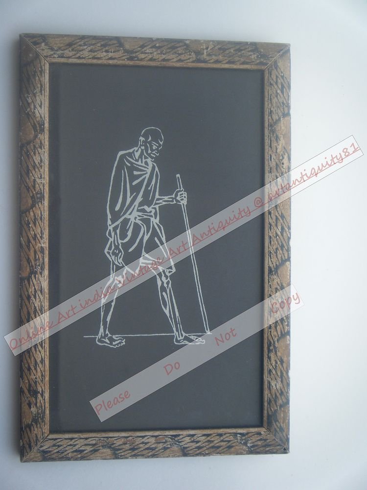 Beautiful Signed Art Print of Gandhi Ji in Old Handmade Wooden Frame India #2386