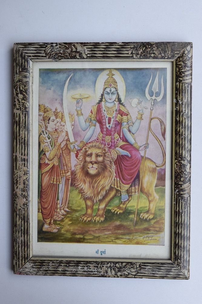 Goddess Durga Collectible Rare Old Religious Art Print in Old Wooden Frame #3332