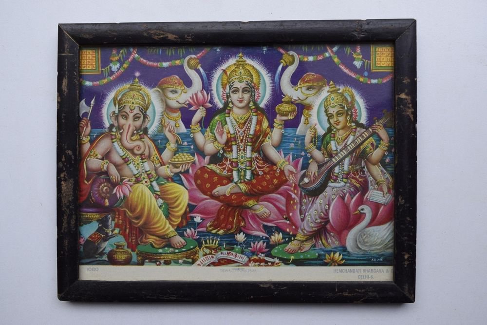 Goddess Durga Rare Old Religious Print in Old Wooden Frame India Art #3113