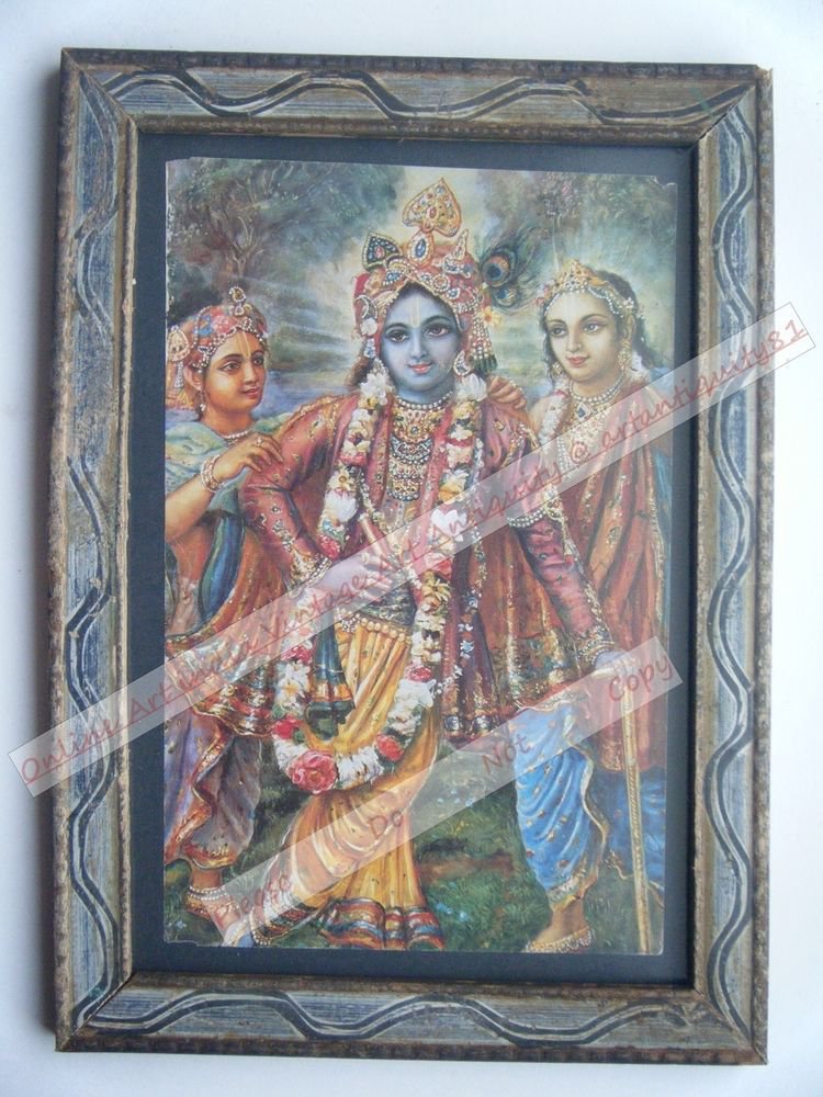 Hindu God Krishna Nice Old Religious Print in Old Wooden Frame India Art #2460