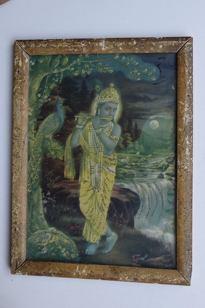 Krishna Collectible Rare Old Art Print in Old Wooden Frame from India #3303